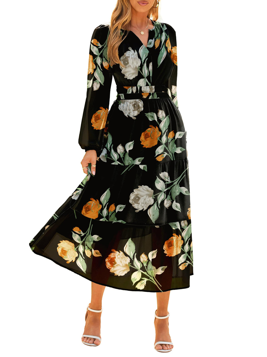 Simplee Women's Floral Boho Long Sleeve Maxi Dress V Neck Empire Waist Swing Flowy Wedding Guest Dress