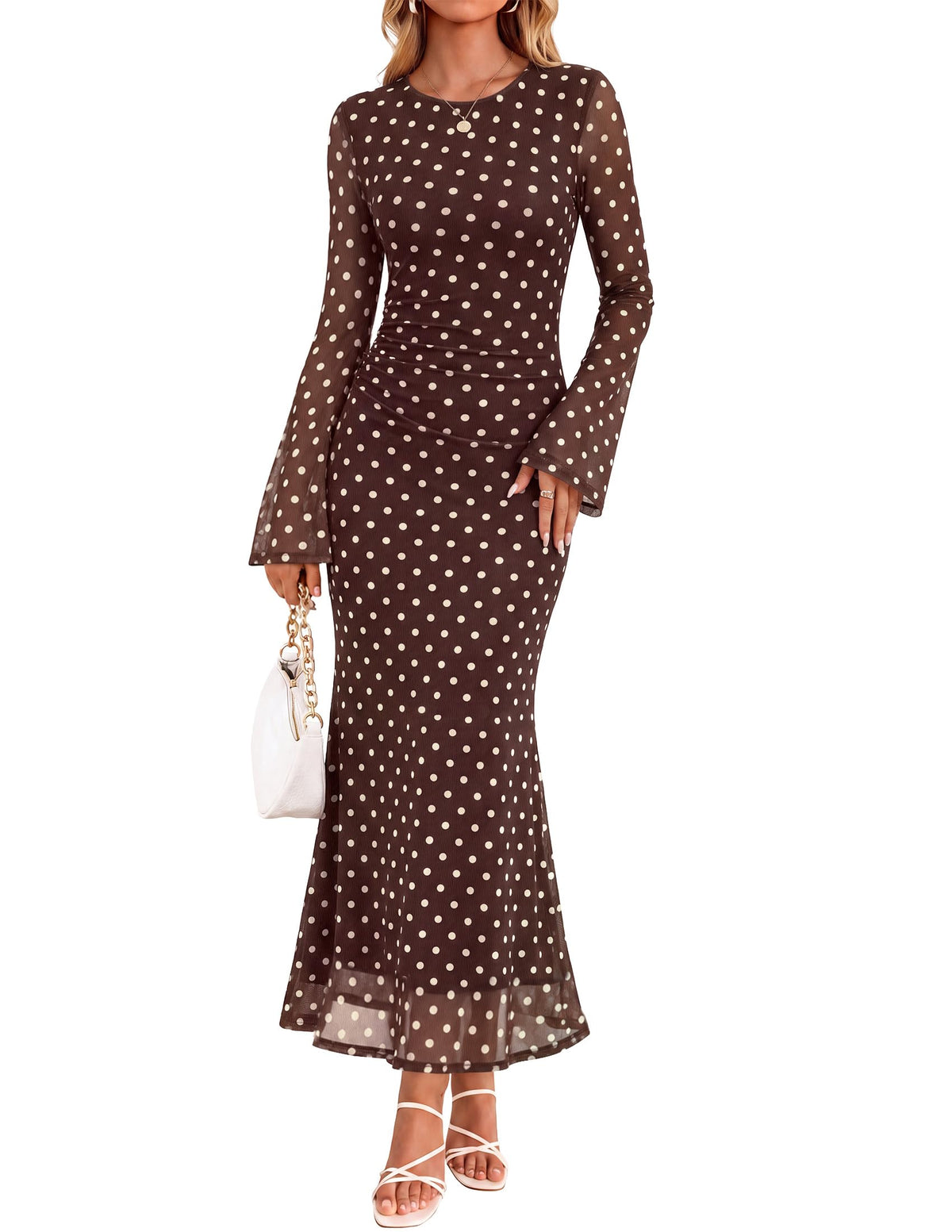 ZESICA Womens Long Sleeve Floral Fall Bodycon Ruched Mesh Maxi Formal Dress