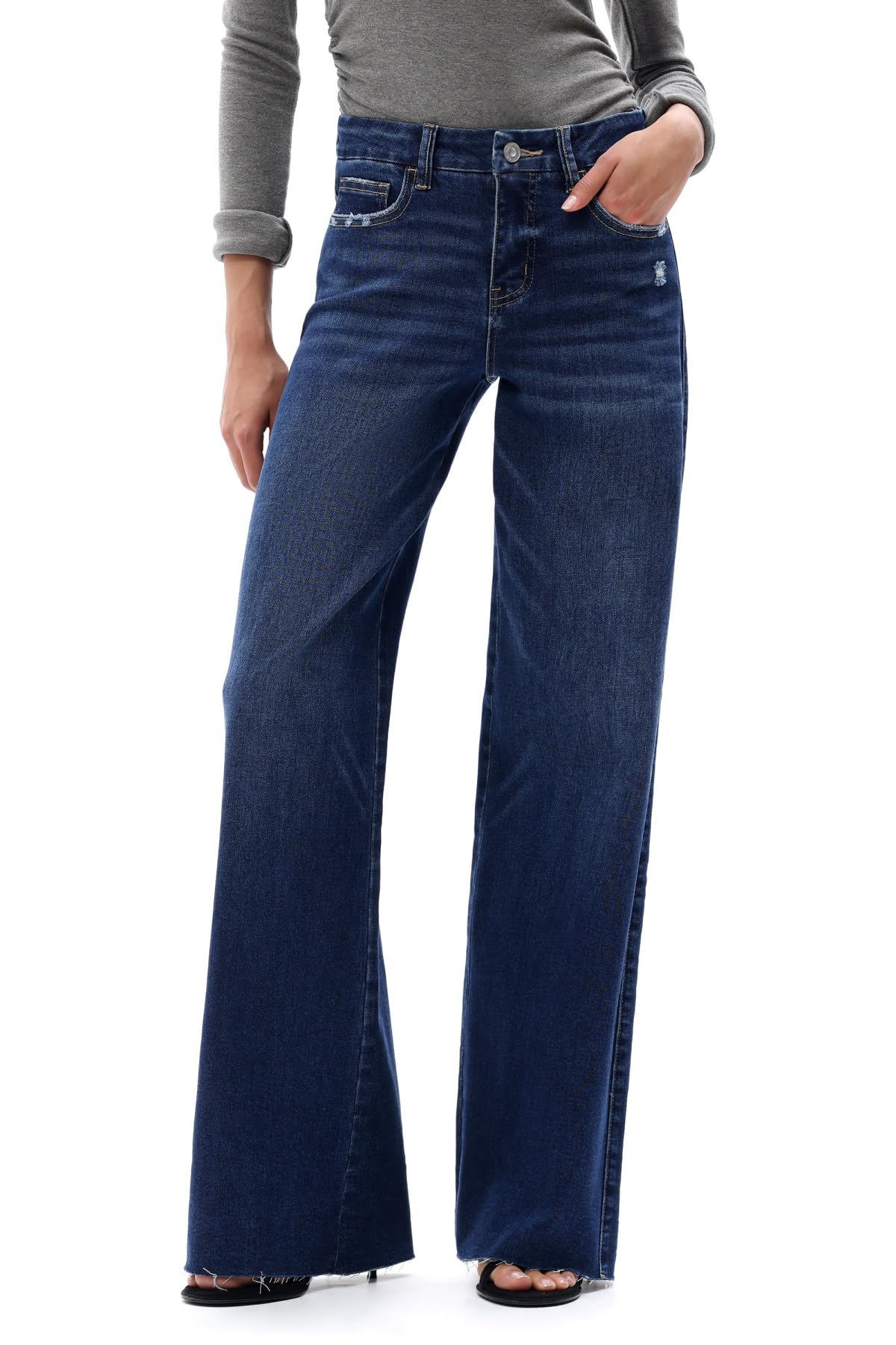 ONESO Women's Wide Leg Jeans Mid Rise High Stretch Denim Pants Raw Hem