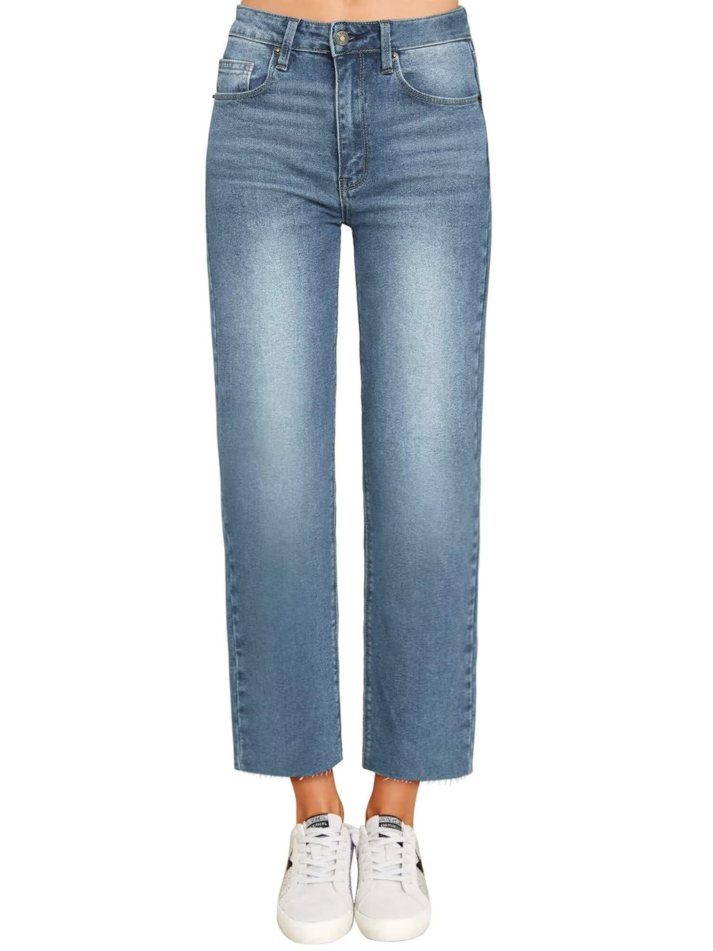 KDF Women's Cropped Straight Leg Jeans - High Waisted Jeans for Women 7/8 Length Denim Pants with Crop Hem