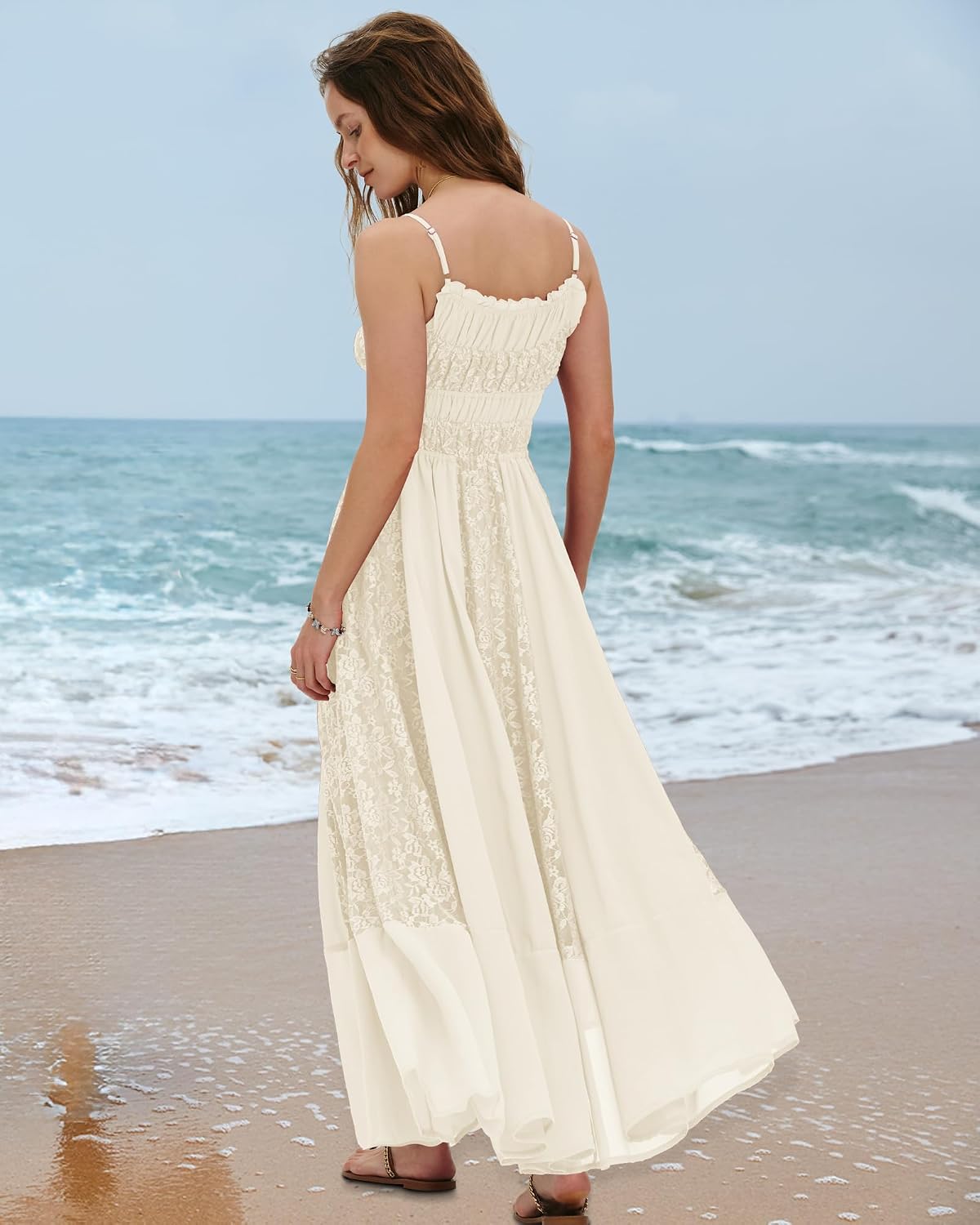 Gacaky Summer Dress for Women Casual Lace Floral Embroidered Bohemian Maxi Dress Flowy A Line Beach Long Dresses