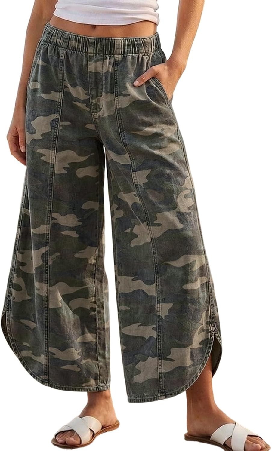 Women's Elastic Waist Wide Leg Jeans Tulip Hem Casual Cropped Denim Pants