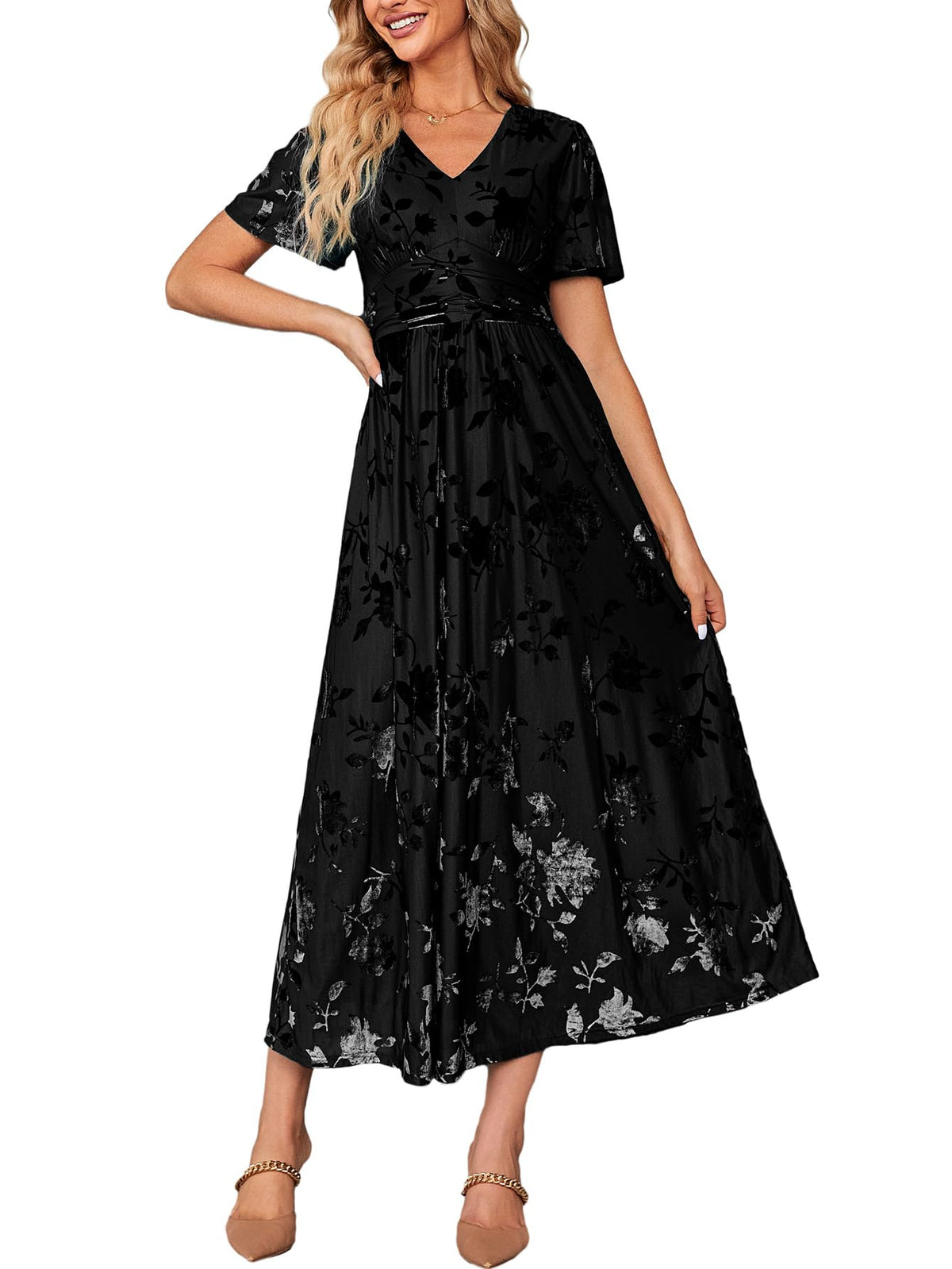 Simplee Women’s V Neck Velvet Maxi Dress Short Sleeve Empire Waist Long Formal Dress for Wedding Guest