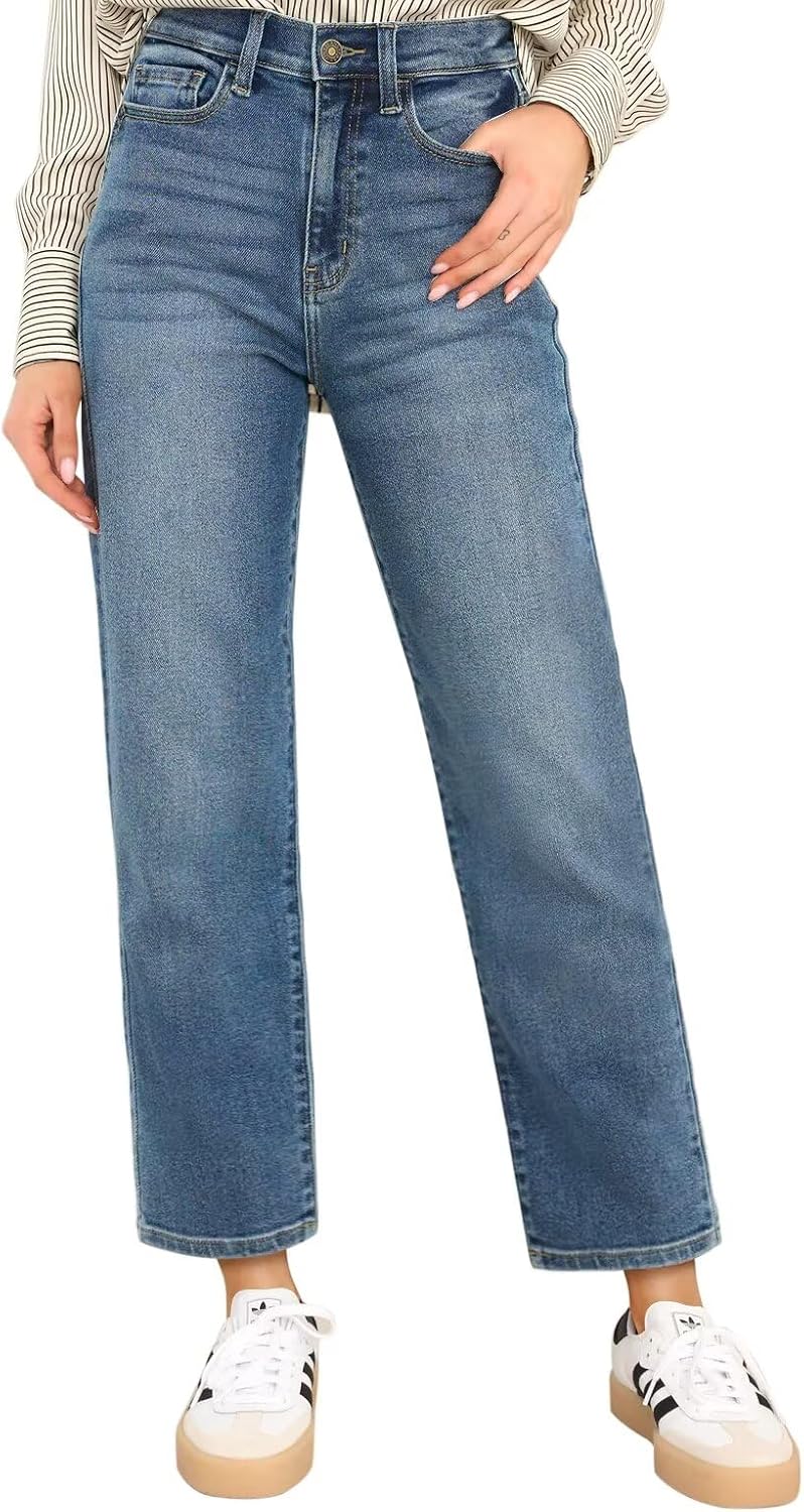KDF Women's Cropped Straight Leg Jeans - High Waisted Jeans for Women 7/8 Length Denim Pants with Crop Hem