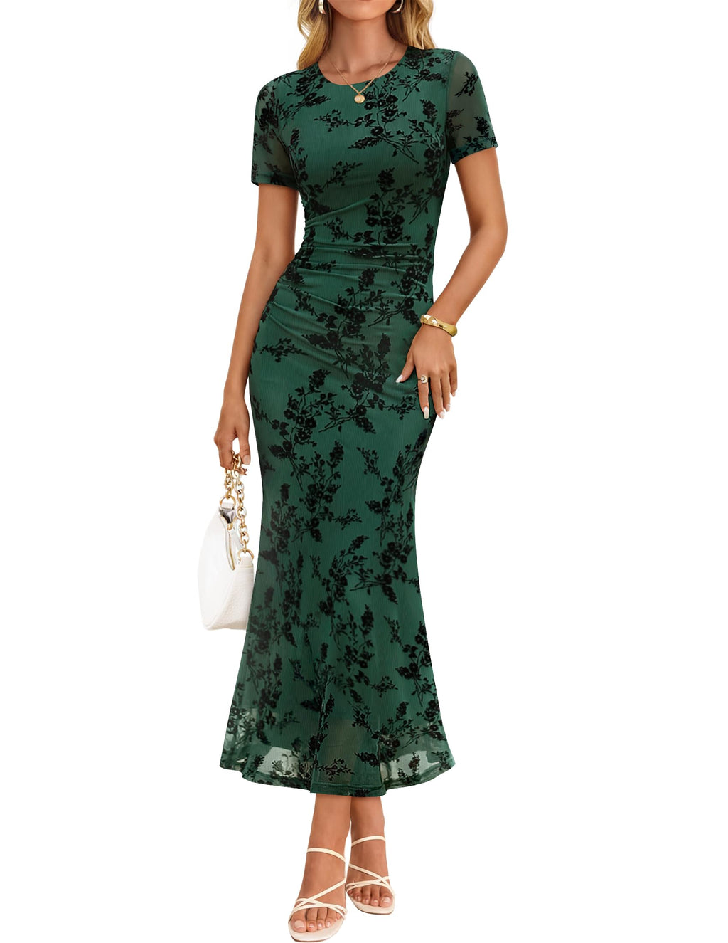 ZESICA Women Summer 2026 Floral Short Sleeve Bodycon Mesh Maxi Formal Dress