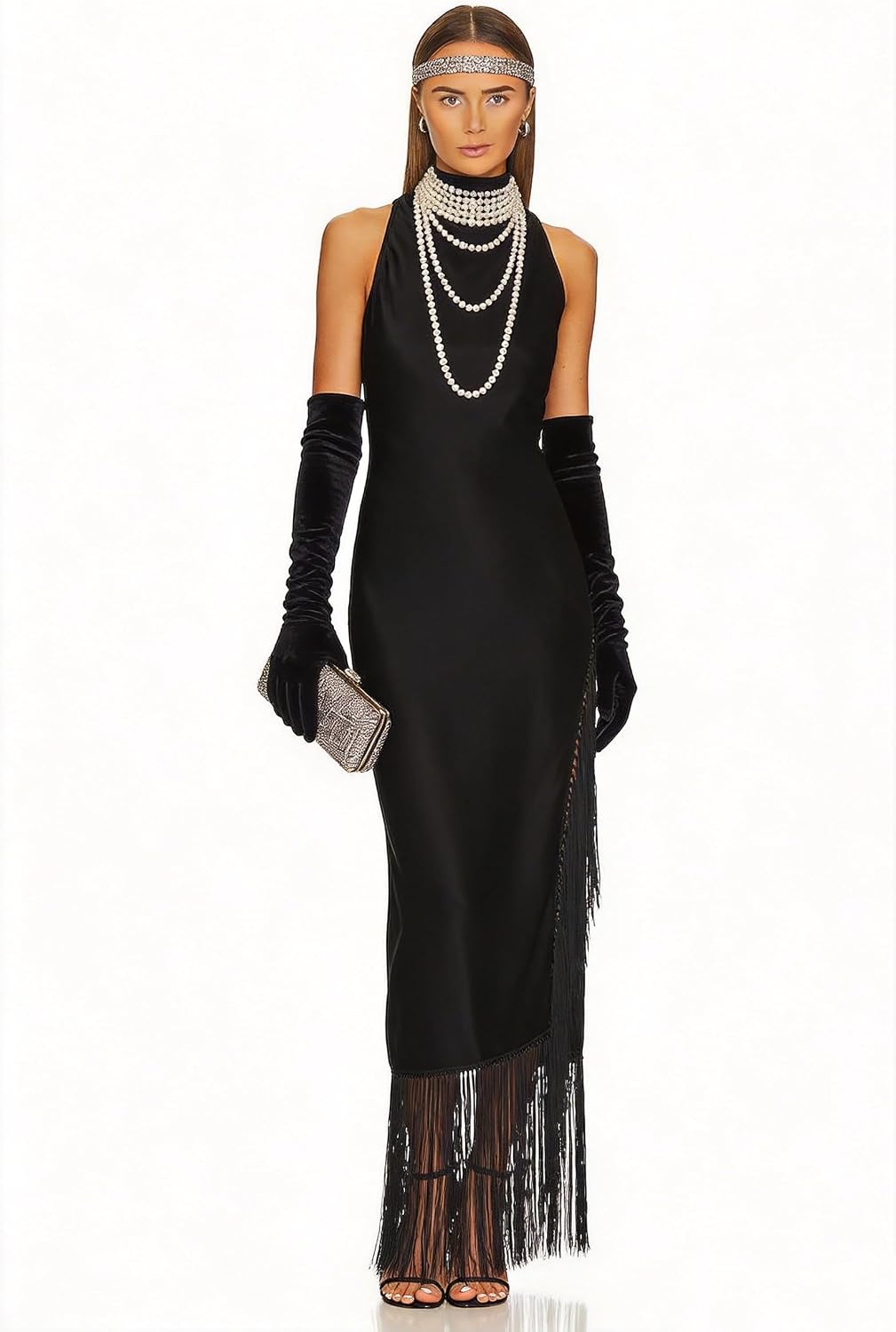 Women Gatsby Vintage Flapper Maxi Dress Halter Tassel Hem Gowns with Slit