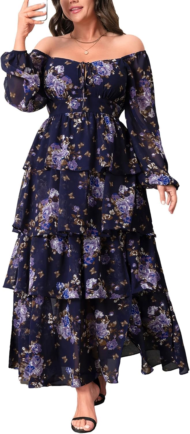 EYWOL Plus Size Long Sleeve Floral Tiered Semi Formal Wedding Guest Dress