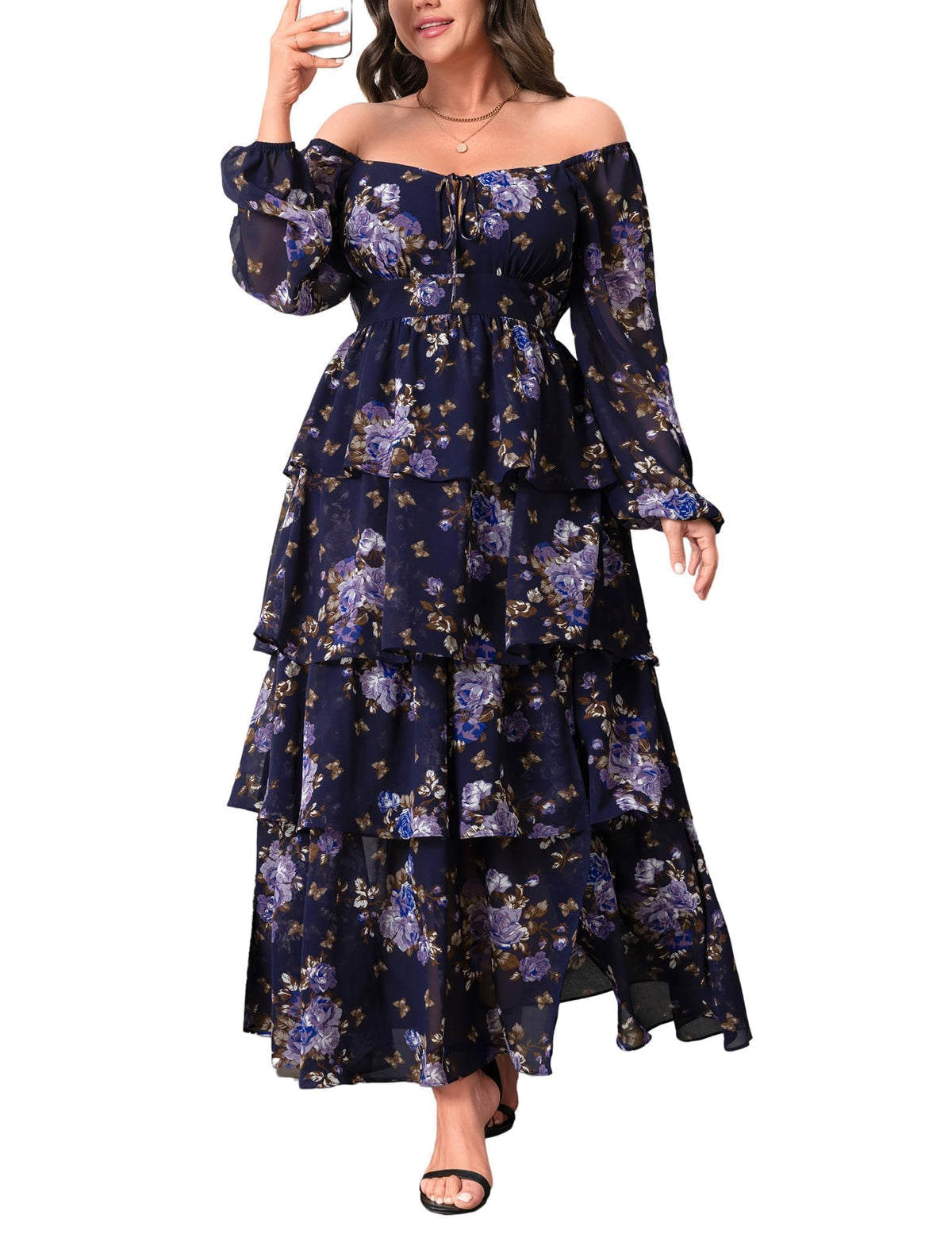EYWOL Plus Size Long Sleeve Floral Tiered Semi Formal Wedding Guest Dress