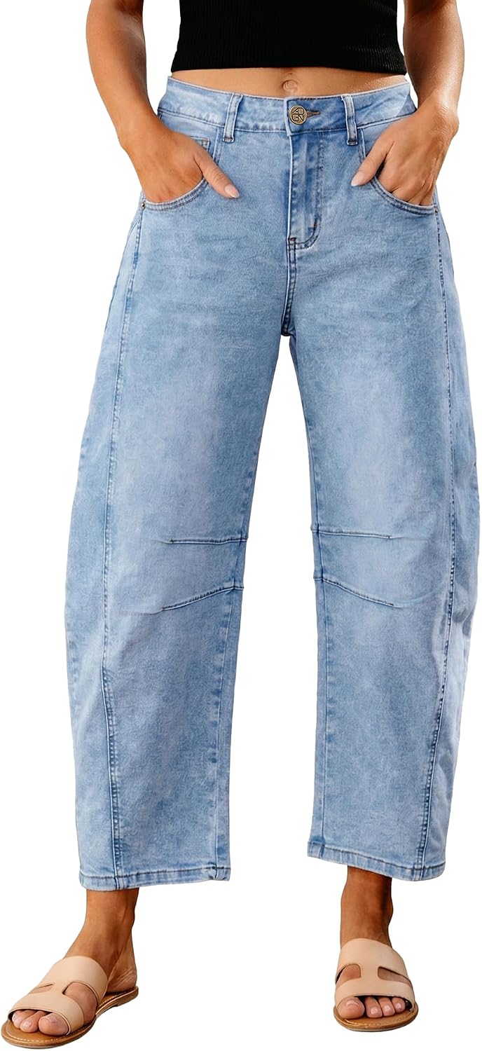 GRAPENT Barrel Jeans for Women High Waist Baggy Cropped Stretch Denim Pants