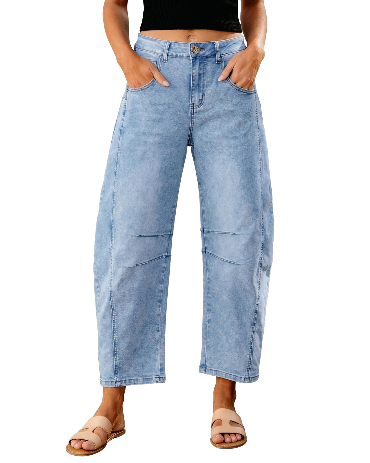 GRAPENT Barrel Jeans for Women High Waist Baggy Cropped Stretch Denim Pants