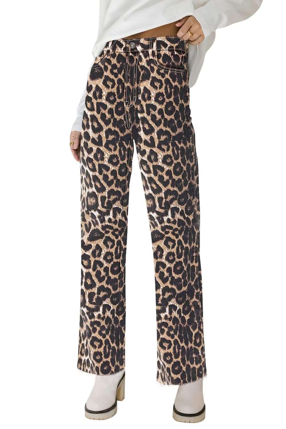 KDF Straight Leg Jeans for Women High Waisted Frayed Baggy Pants Stretchy Cropped Wide Leg Jeans