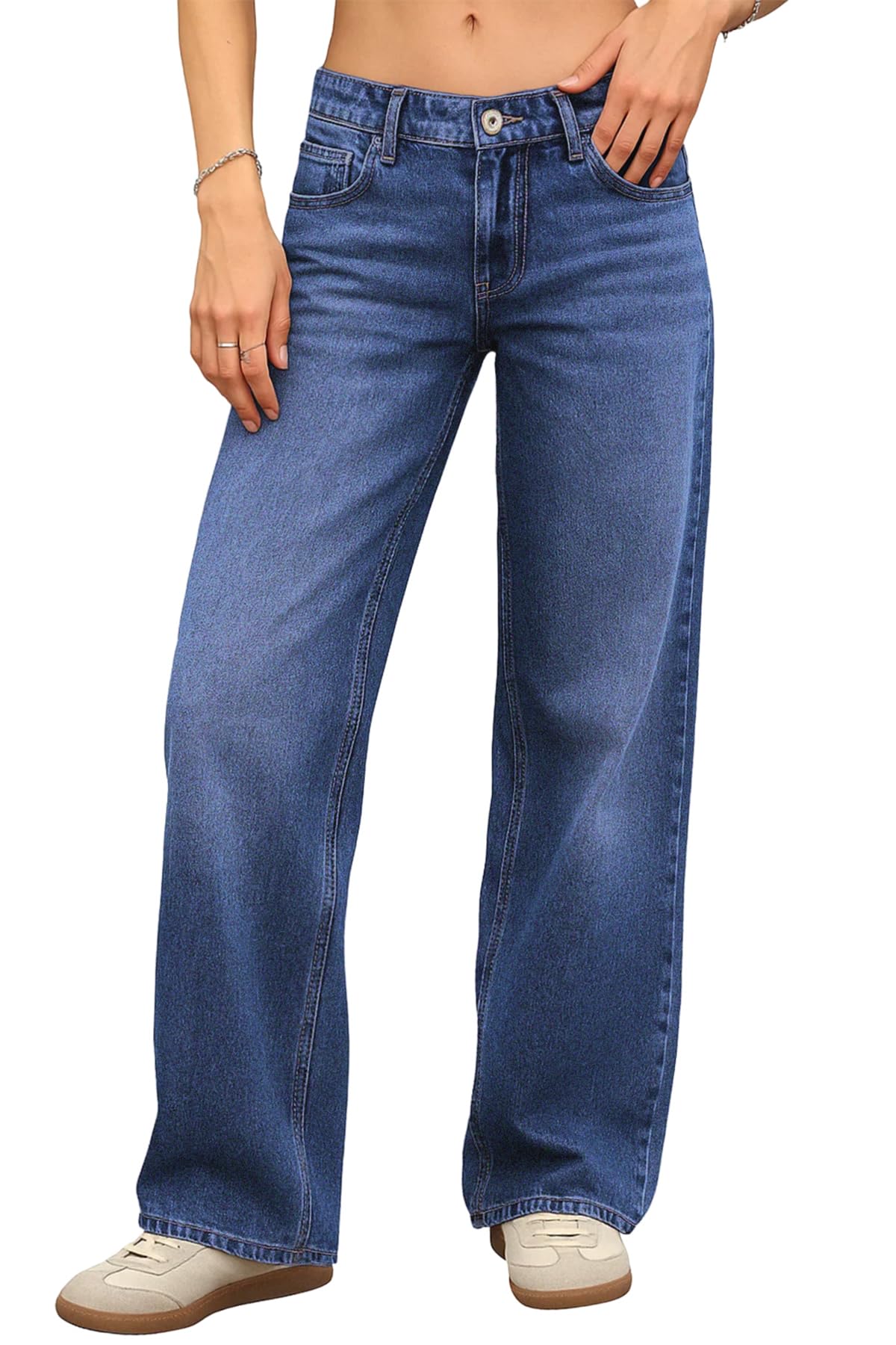 ELLEVEN Low Rise Baggy Jeans for Women, Straight Leg Denim Pants