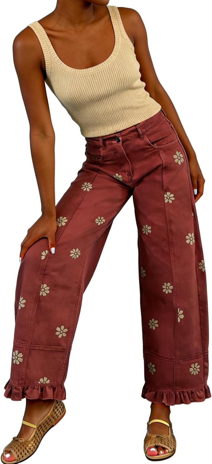 utcoco Barrel Jeans Women 2026 Floral Print Wide Leg Jeans Y2k Patchwork Baggy Boyfriend Denim Pants