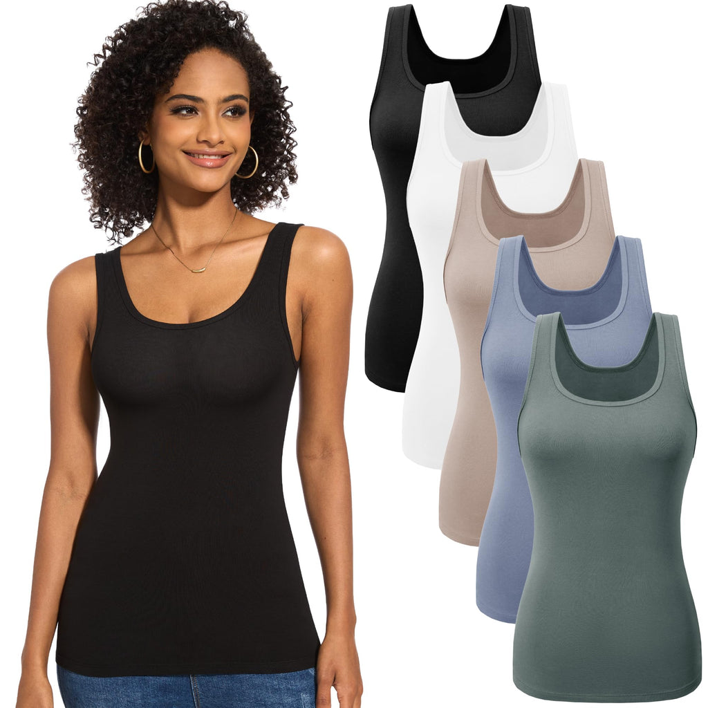 TVKSOM 5 Pack Basic Ribbed Tank Tops for Women Layering Undershirts