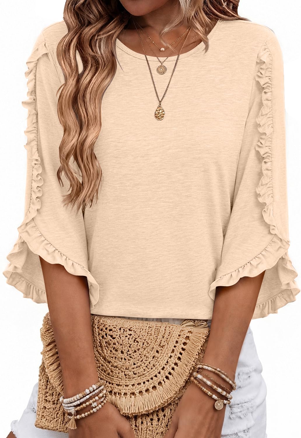 3/4 Length Sleeve Womens Tops Crewneck Ruffle Sleeve Shirts Dressy Casual Blouse Summer Fall Fashion Business Outfit