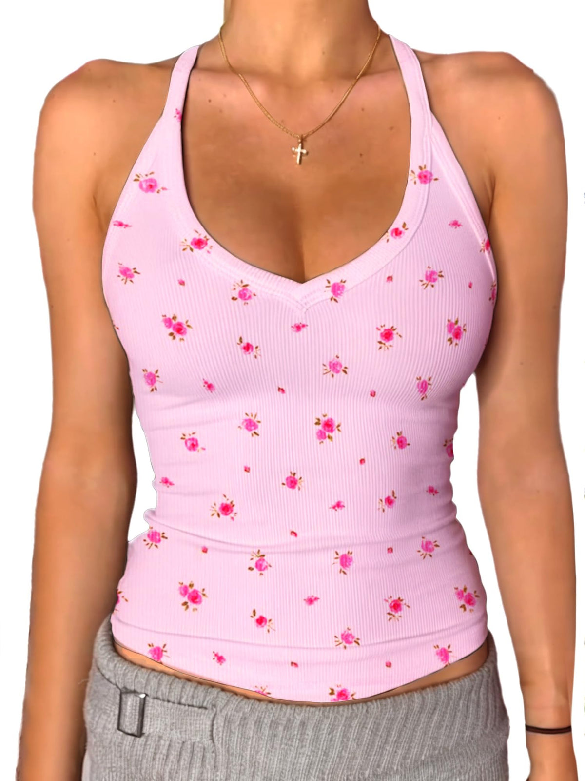 Danysu V Neck Racer Back Tank Tops for Women Padded Fitted Long Basic Cami