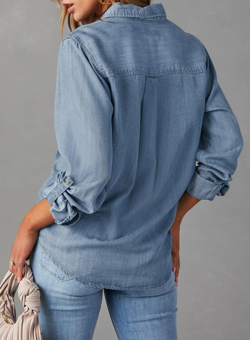 Astylish Women Denim Button Down Shirts Chambray Blouse Top