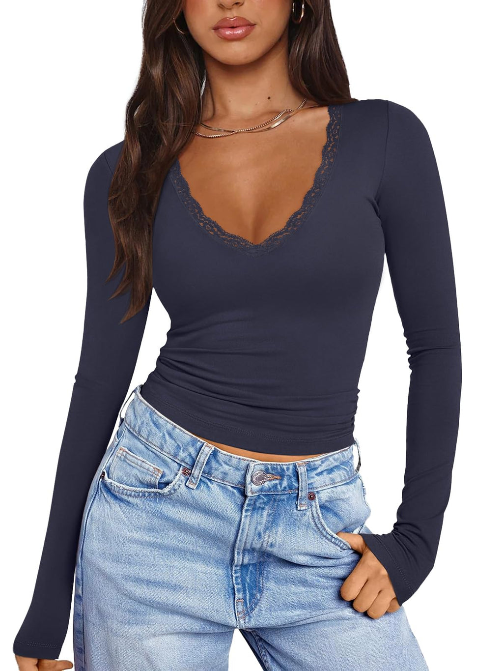 PINKMSTYLE Women Sexy V Neck Lace Long Sleeve Shirts Basic Fitted Double Lined Going Out Y2K Trendy Fall Tops