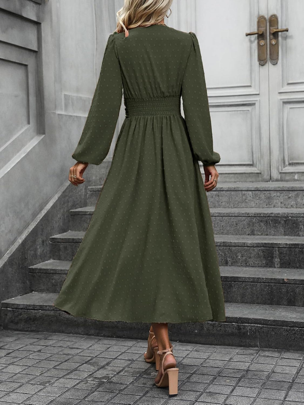 Mettclasi Women's Spring Fall Swiss Dot V-Neck Midi Dress Casual Puff Long Lantern Sleeve A-Line Flowy Wedding Guest Dress