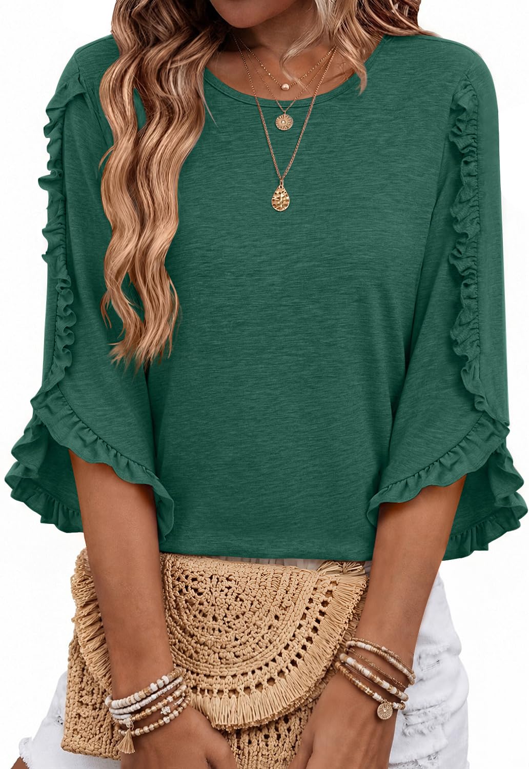 3/4 Length Sleeve Womens Tops Crewneck Ruffle Sleeve Shirts Dressy Casual Blouse Summer Fall Fashion Business Outfit