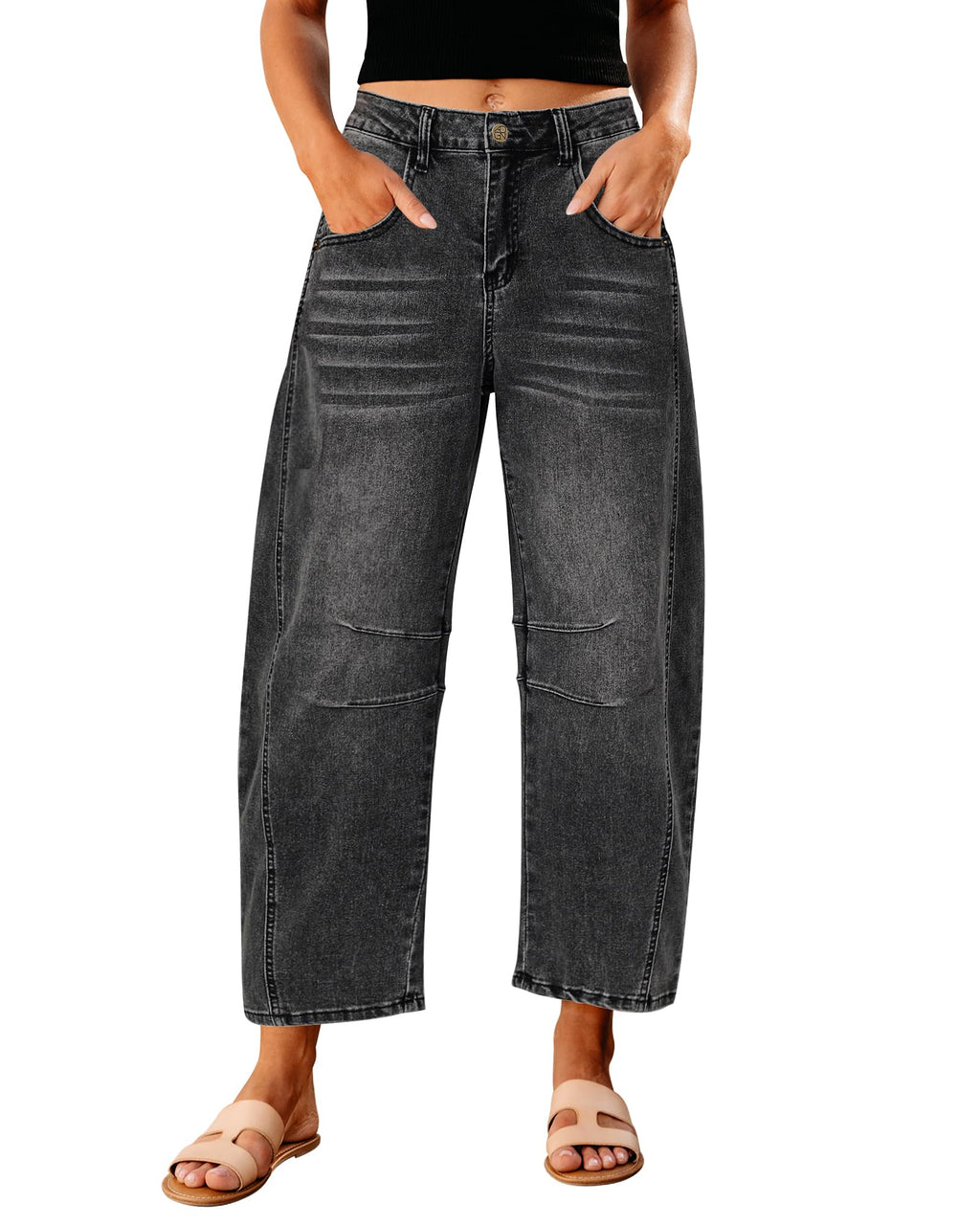 GRAPENT Barrel Jeans for Women High Waist Baggy Cropped Stretch Denim Pants