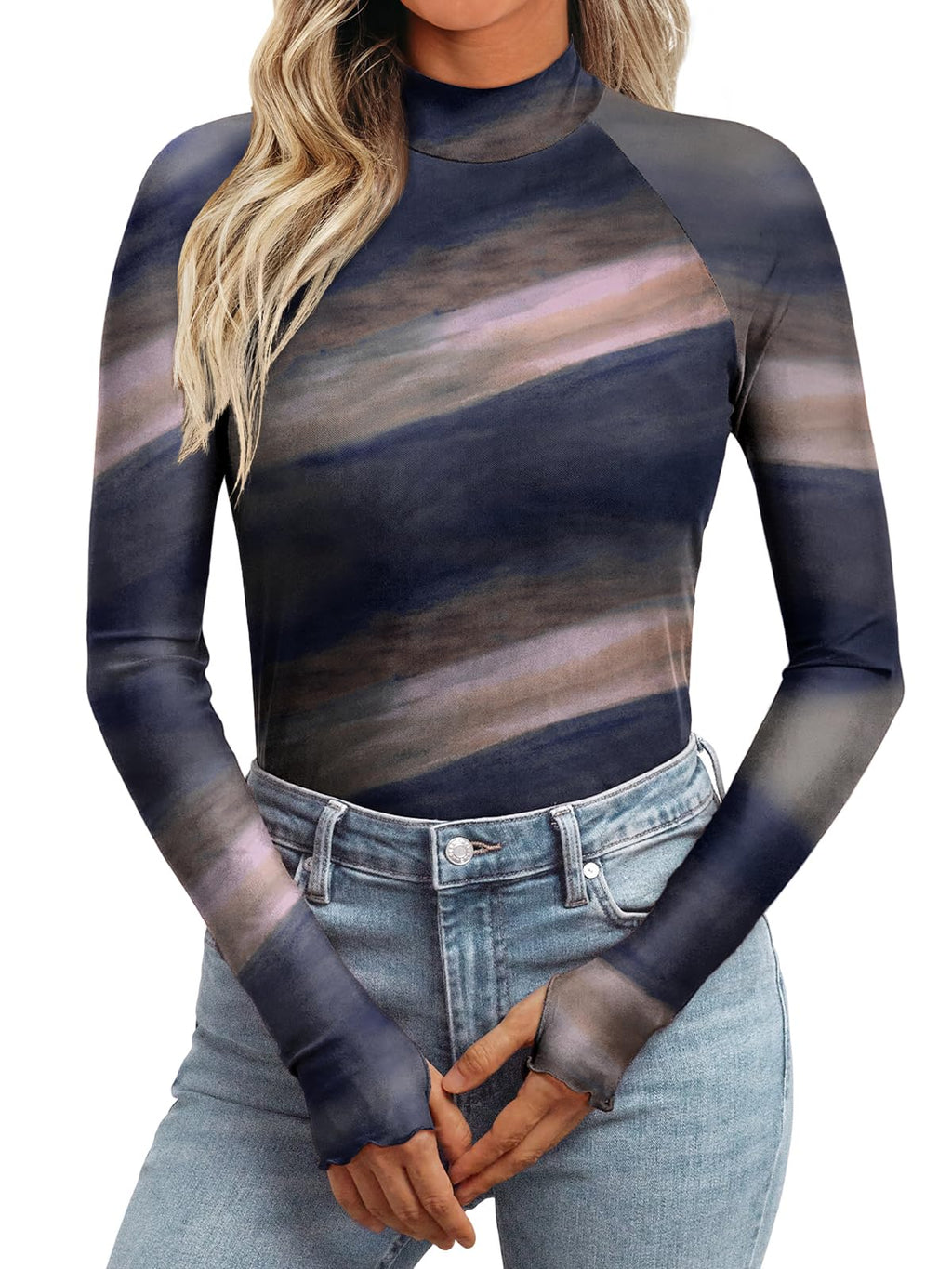 Dealmore Womens Lace Sheer Floral Mesh Mock Neck Tops