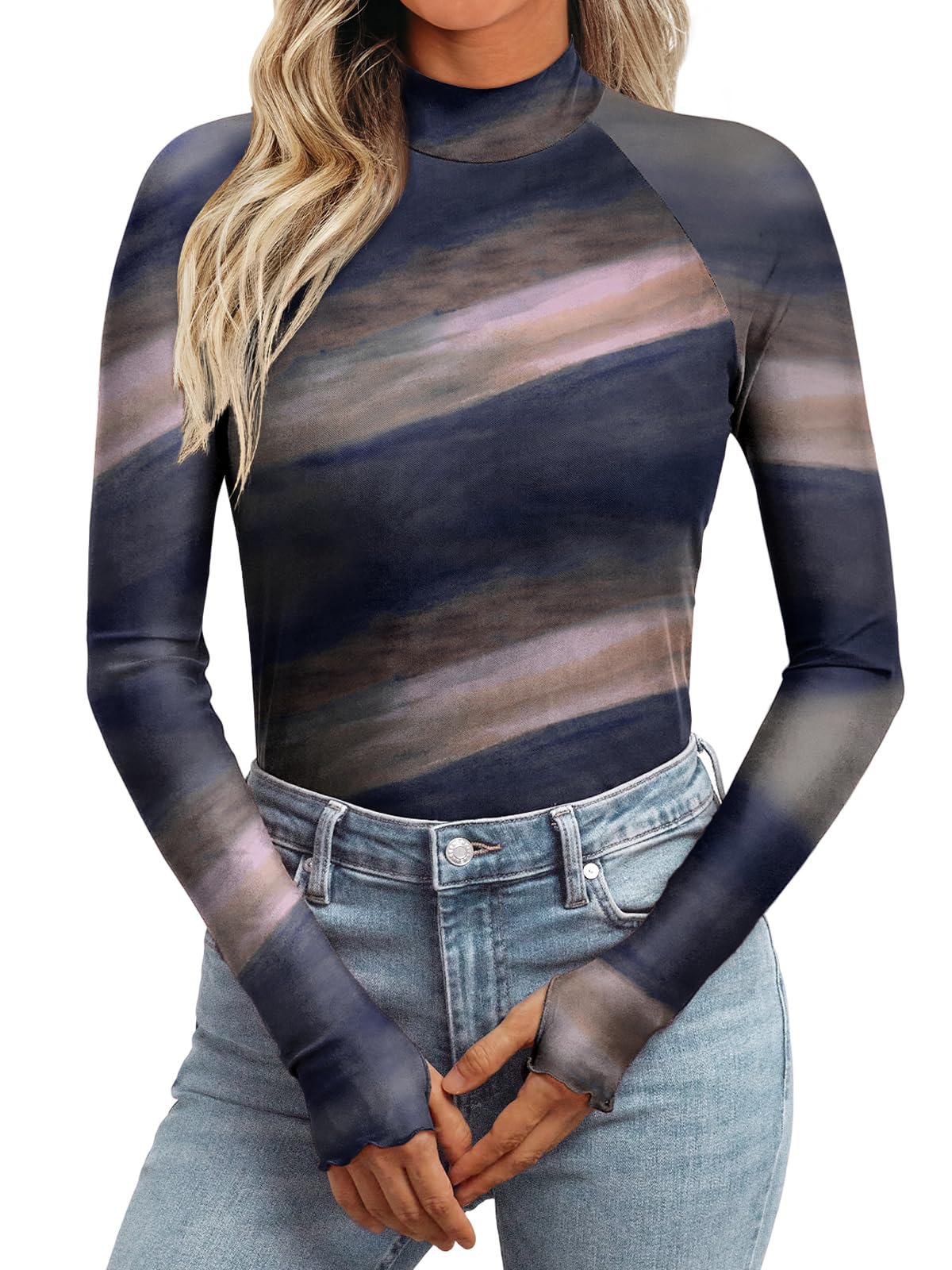 Dealmore Womens Lace Sheer Floral Mesh Mock Neck Tops