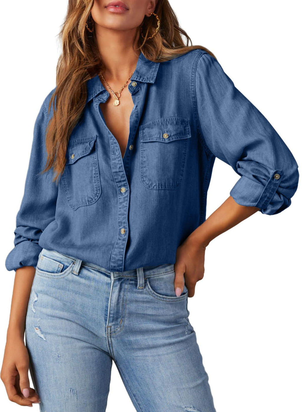 Astylish Women Denim Button Down Shirts Chambray Blouse Top