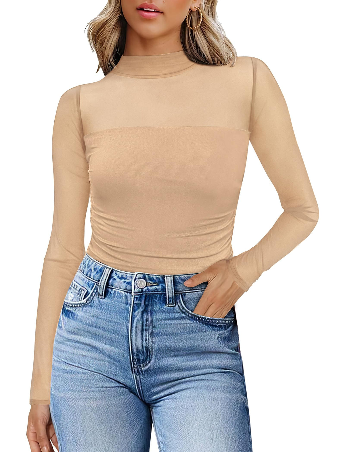 Womens Sexy Mesh Long Sleeve Shirts Fashion Clothing Turtle Necks Sheer Ruched Going Out Tops Fall Outfits Slim Fit Blouses