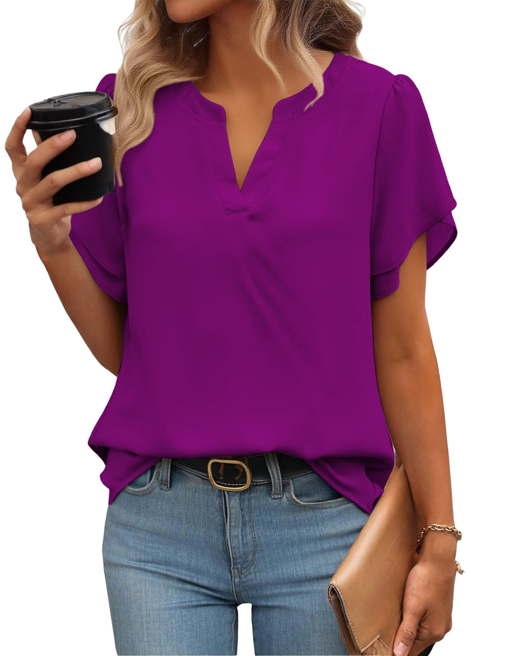Zeagoo Womens Dressy Casual Chffon Shirts Short Sleeve V Neck Work Blouse