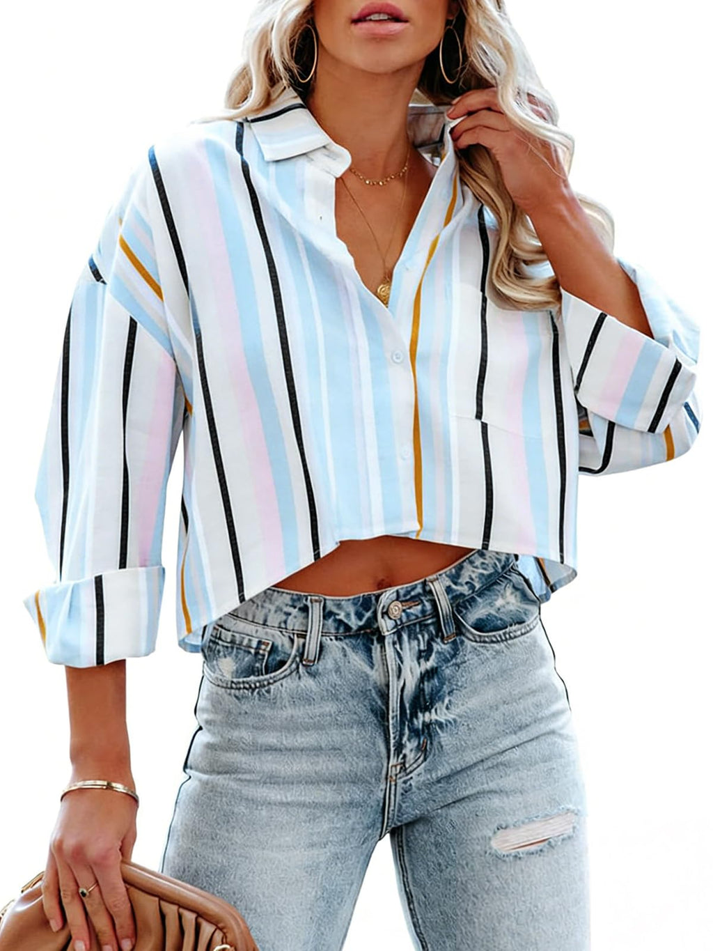 Tankaneo Womens Button Down Cropped Shirts Long Sleeve Crop Tops Blouses