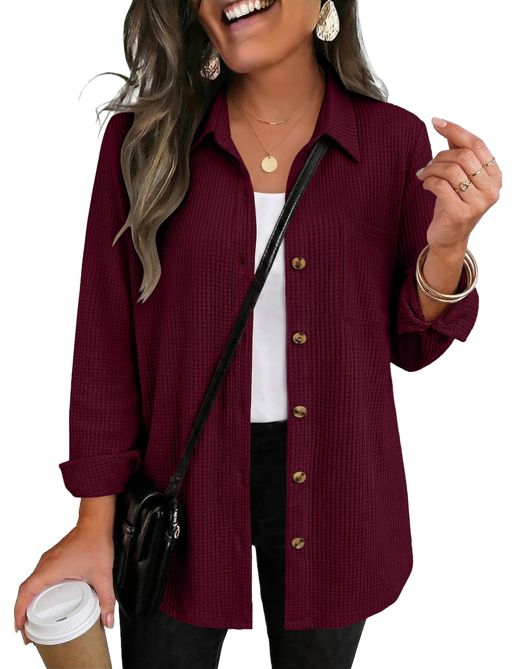 Zeagoo Womens Waffle Knit Shacket Button Down Long Sleeve Tops with Pocket