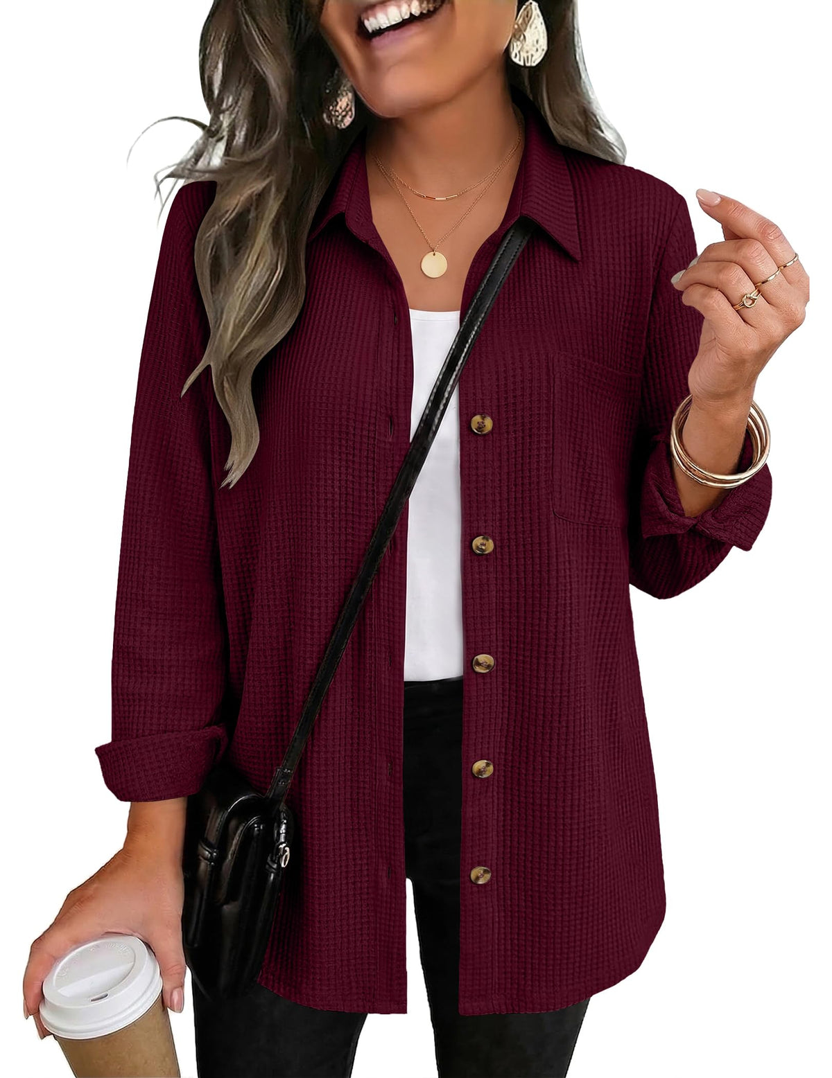 Zeagoo Womens Waffle Knit Shacket Button Down Long Sleeve Tops with Pocket