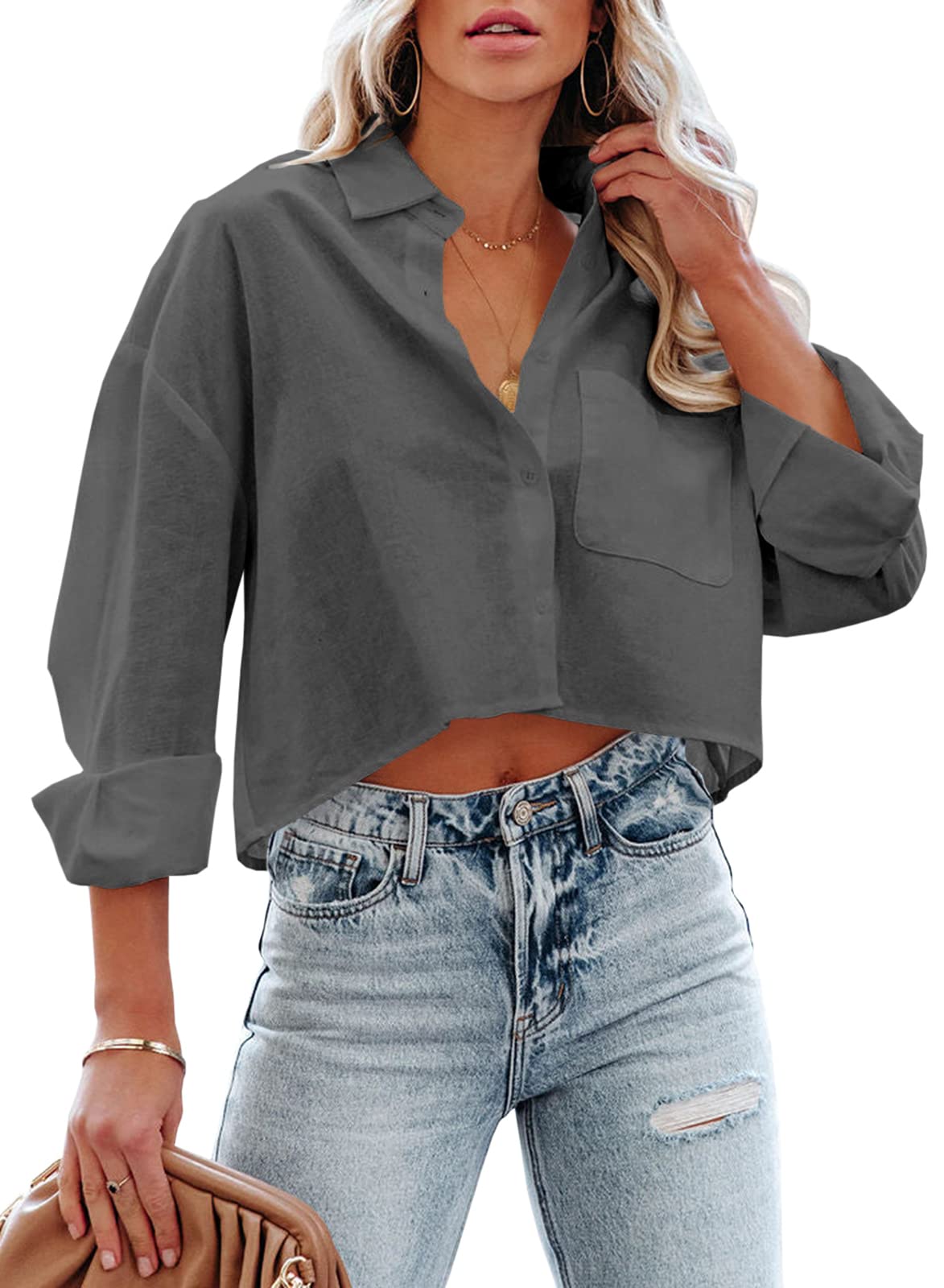 Tankaneo Womens Button Down Cropped Shirts Long Sleeve Crop Tops Blouses