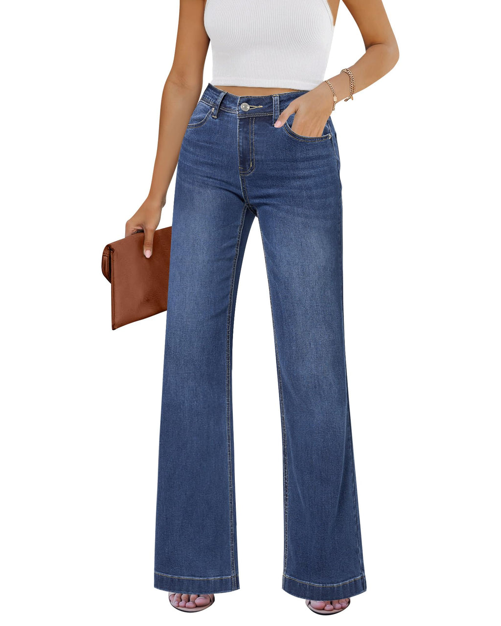 GRAPENT Flare Jeans for Women High Rise Wide Leg Baggy Stretchy Denim Pants