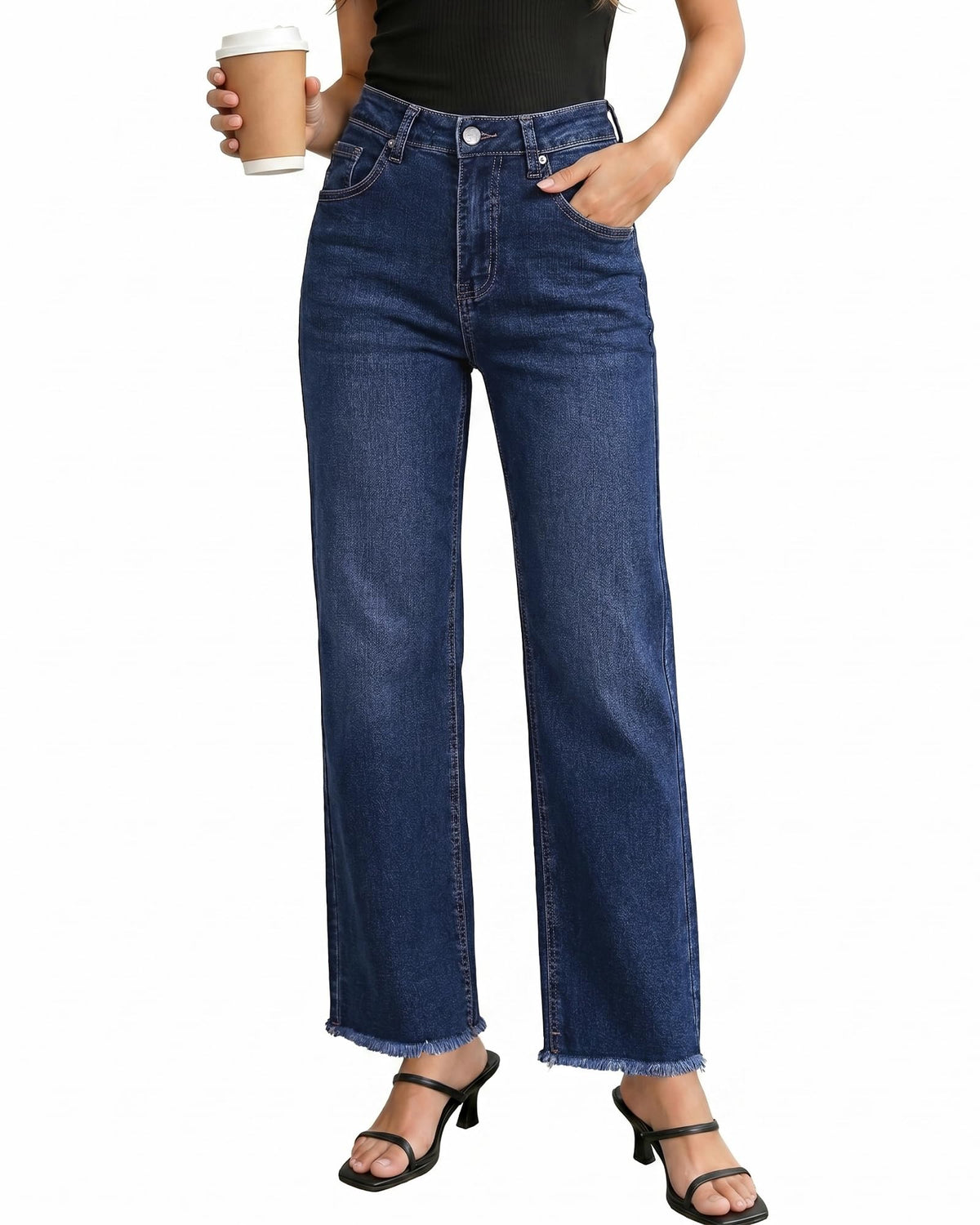 GRAPENT Straight Leg Jeans for Women High Waisted Stretchy Frayed Raw Hem Loose Denim Pants Casual Baggy Jean Trousers