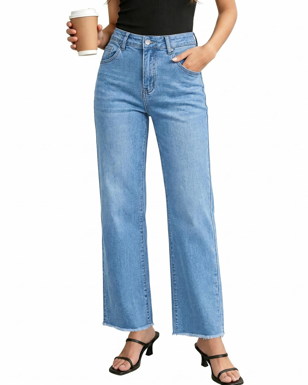 GRAPENT Straight Leg Jeans for Women High Waisted Stretchy Frayed Raw Hem Loose Denim Pants Casual Baggy Jean Trousers