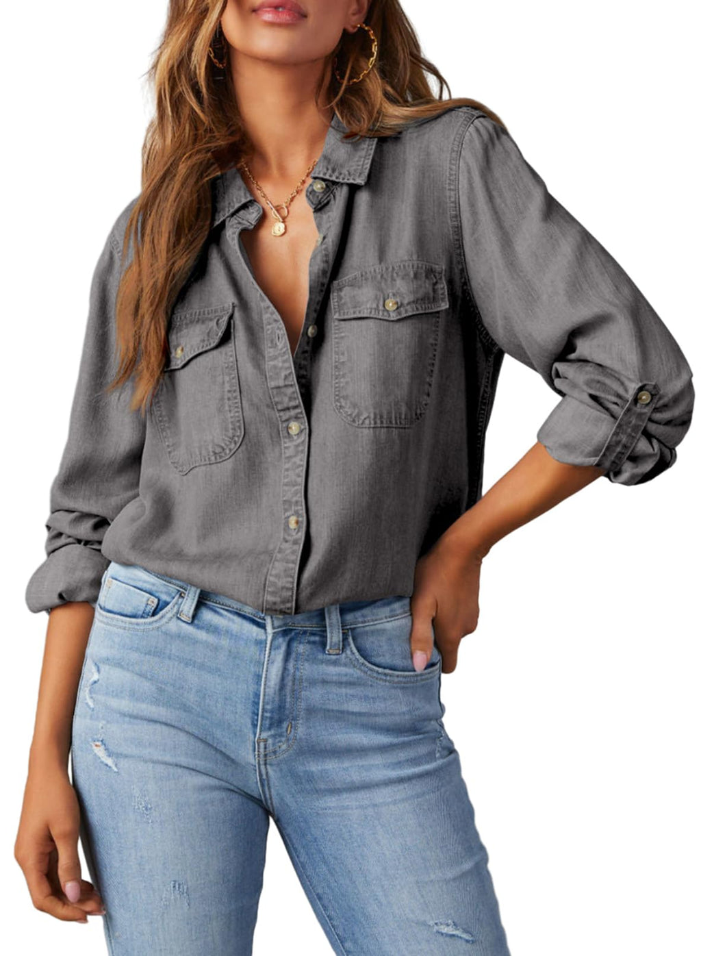 Astylish Women Denim Button Down Shirts Chambray Blouse Top