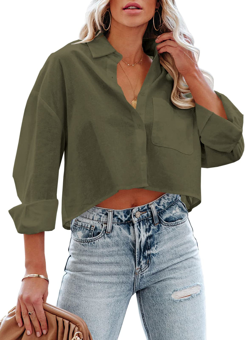 Tankaneo Womens Button Down Cropped Shirts Long Sleeve Crop Tops Blouses