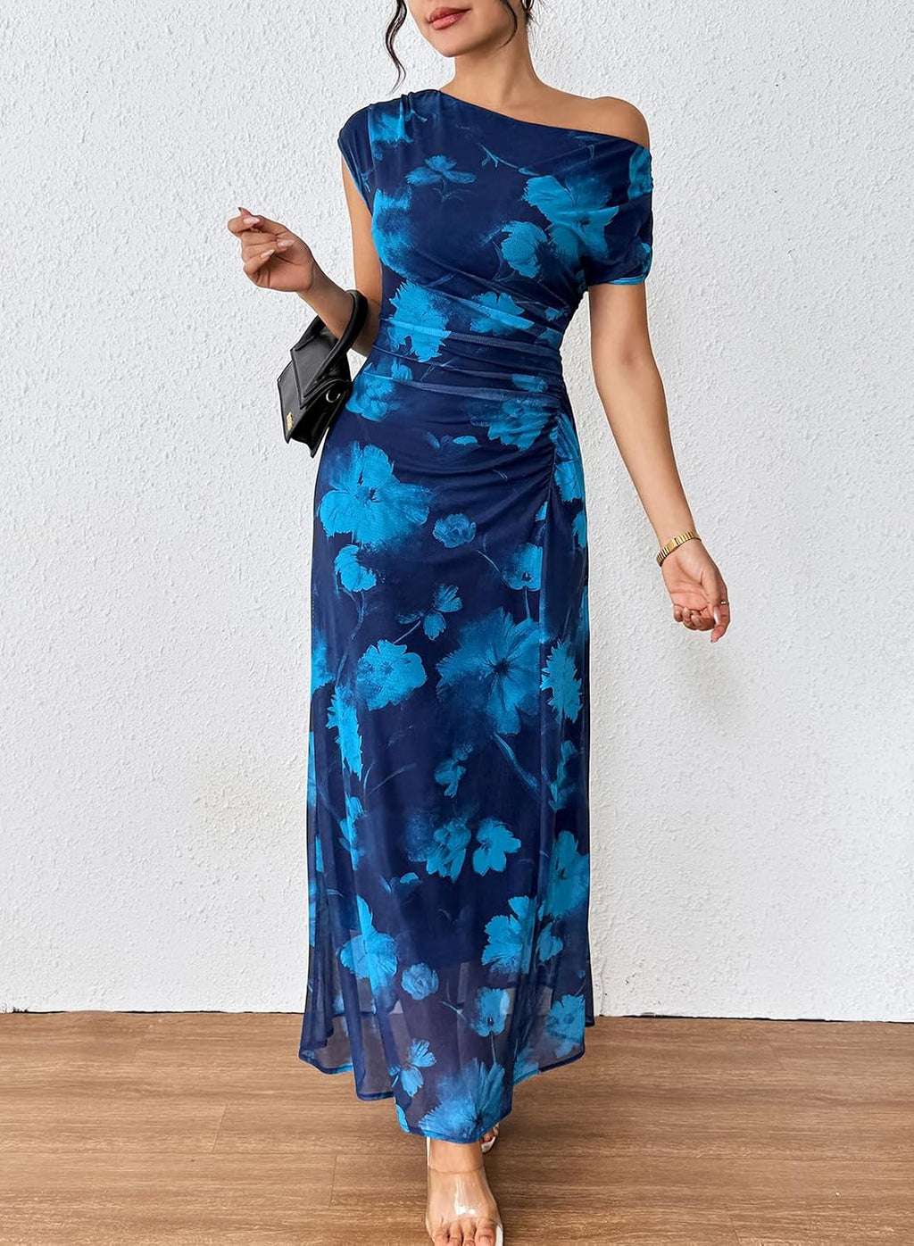 BLENCOT Women's Floral Off Shoulder Wedding Guest Dress Party Gown