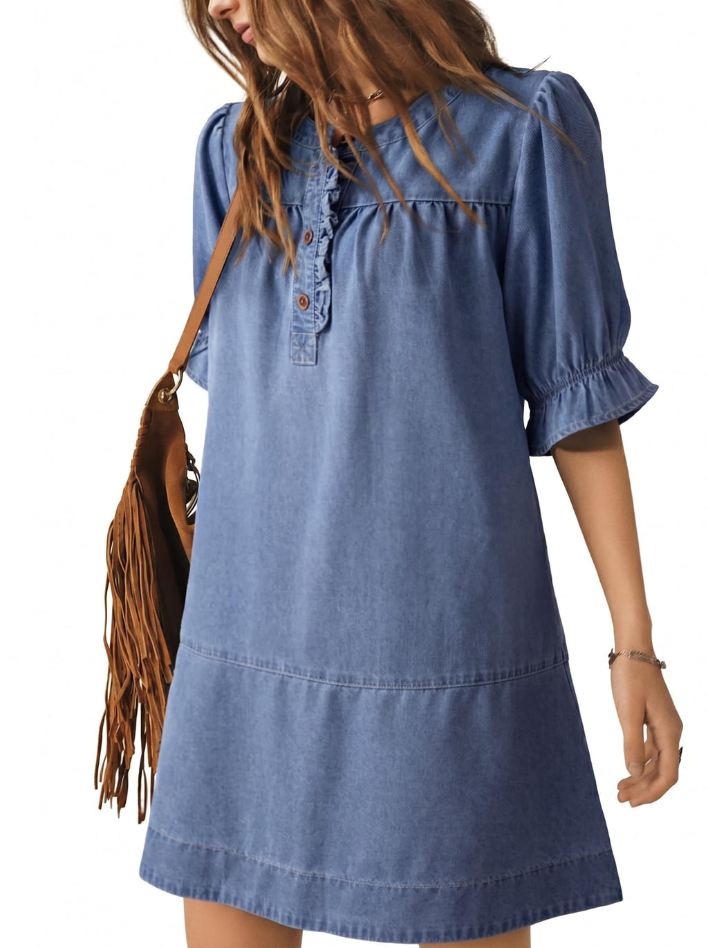 Dokotoo Women's Denim Dress Ruffle Short Sleeve Button Cowgirl Jean Dress