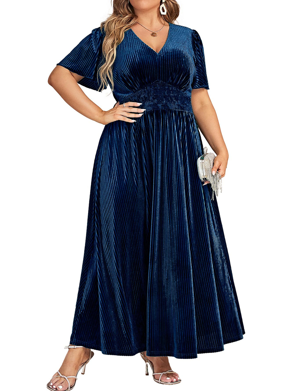 Simplee Women’s V Neck Velvet Maxi Dress Short Sleeve Empire Waist Long Formal Dress for Wedding Guest