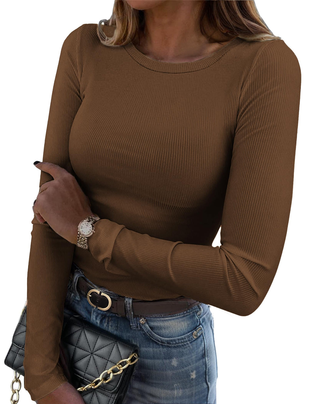 Zeagoo Women Long Sleeve Shirts Ribbed Slim Fit Tops Crewneck Basic Tee
