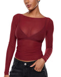 INLYRIC Women's Mesh Sheer Boat Neck Long Sleeve Tops