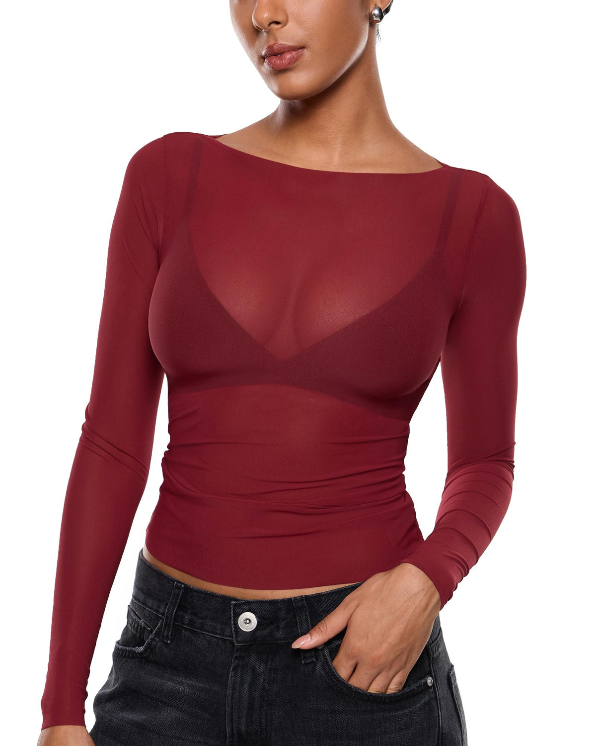 INLYRIC Women's Mesh Sheer Boat Neck Long Sleeve Tops