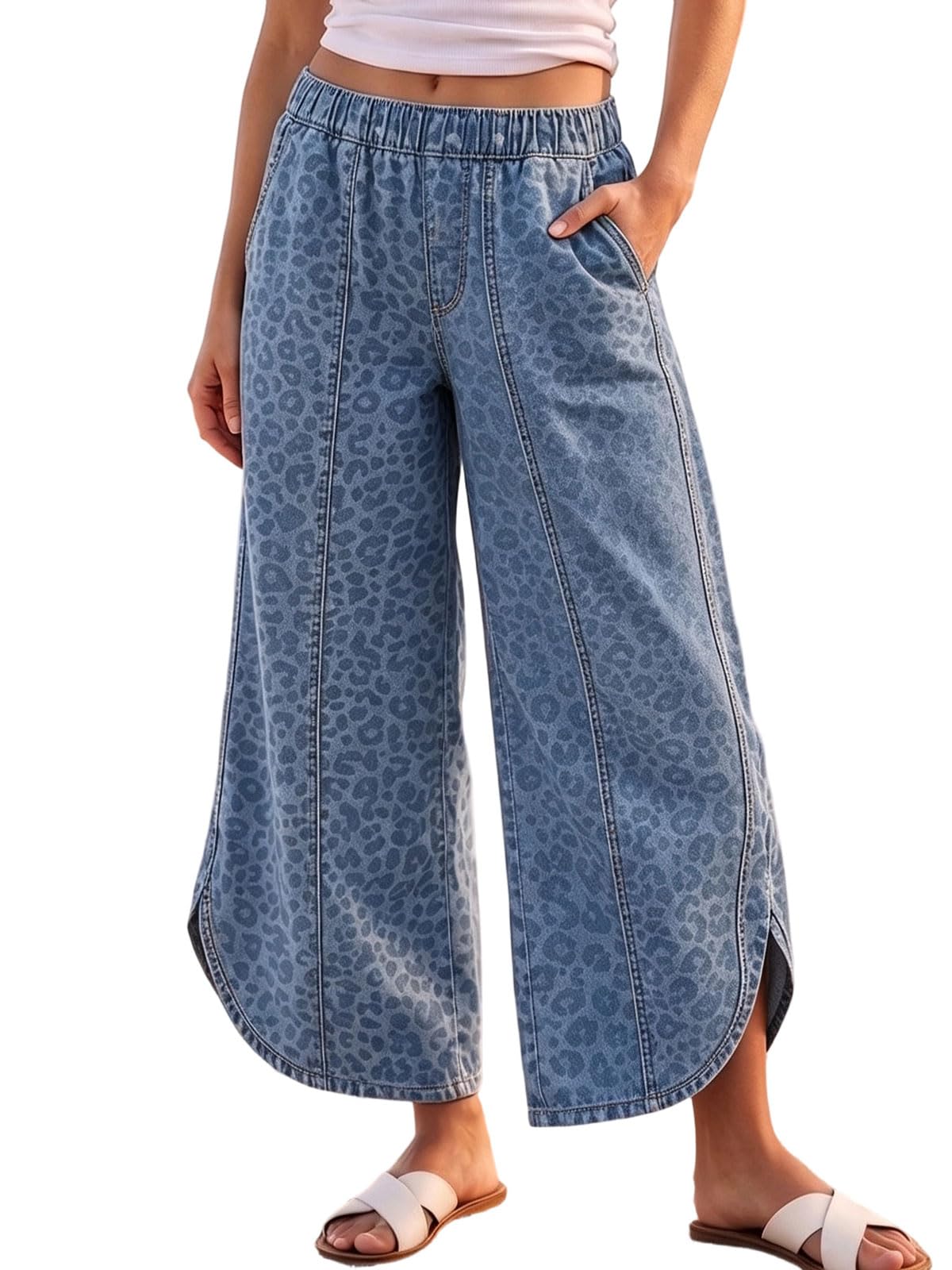 CHARTOU Women Y2k Wide Leg Jeans Elastic Waist Tulip Hem Casual Cropped Ankle Lenght Denim Pants