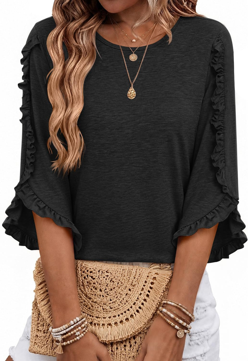 3/4 Length Sleeve Womens Tops Crewneck Ruffle Sleeve Shirts Dressy Casual Blouse Summer Fall Fashion Business Outfit