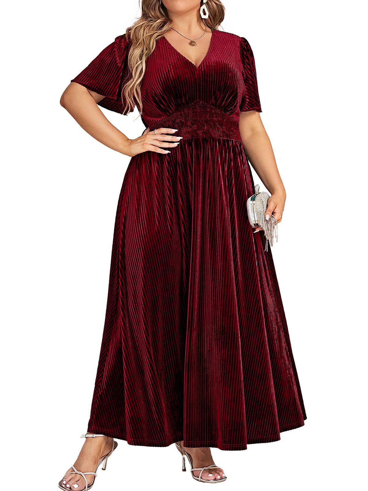 Simplee Women’s V Neck Velvet Maxi Dress Short Sleeve Empire Waist Long Formal Dress for Wedding Guest