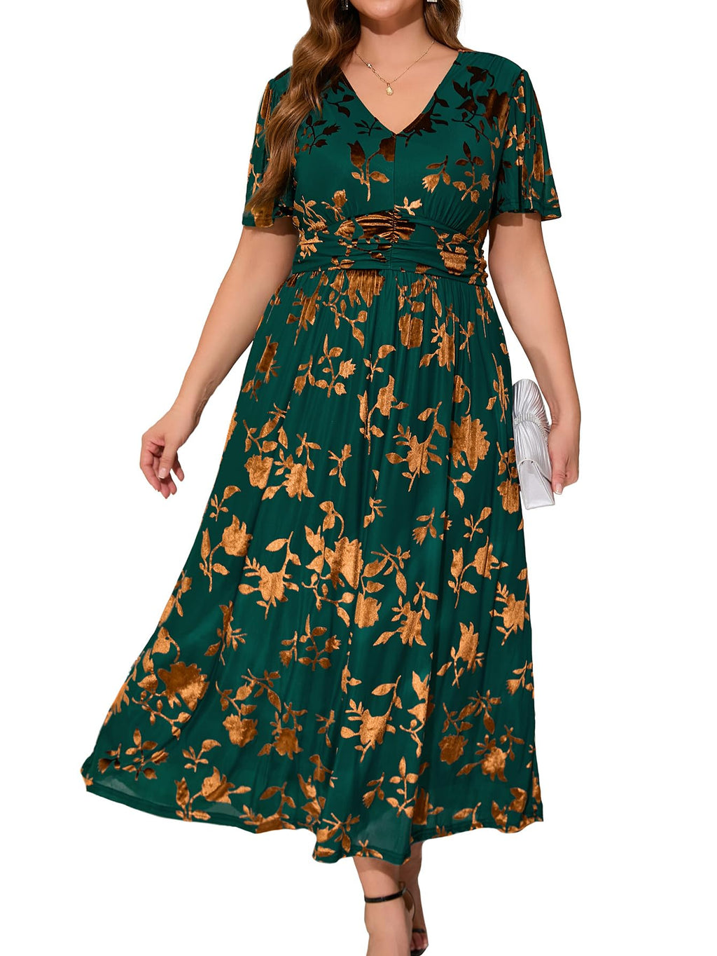 Simplee Women’s V Neck Velvet Maxi Dress Short Sleeve Empire Waist Long Formal Dress for Wedding Guest
