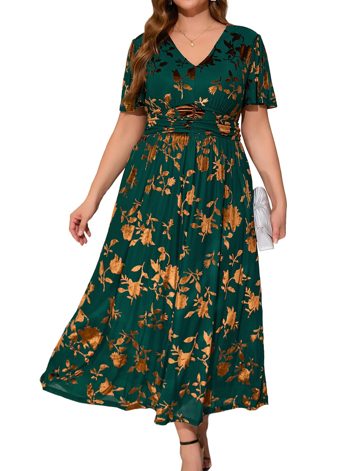 Simplee Women’s V Neck Velvet Maxi Dress Short Sleeve Empire Waist Long Formal Dress for Wedding Guest
